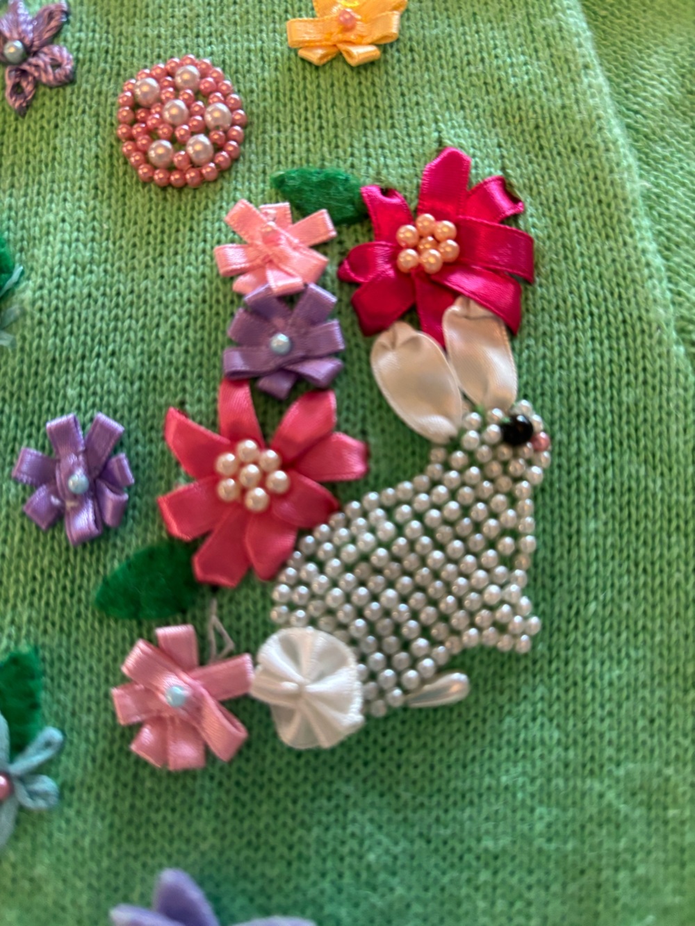 Vintage Michael Simon short sleeve green Cardigan Floral Bunnies size small - Picture 9 of 10